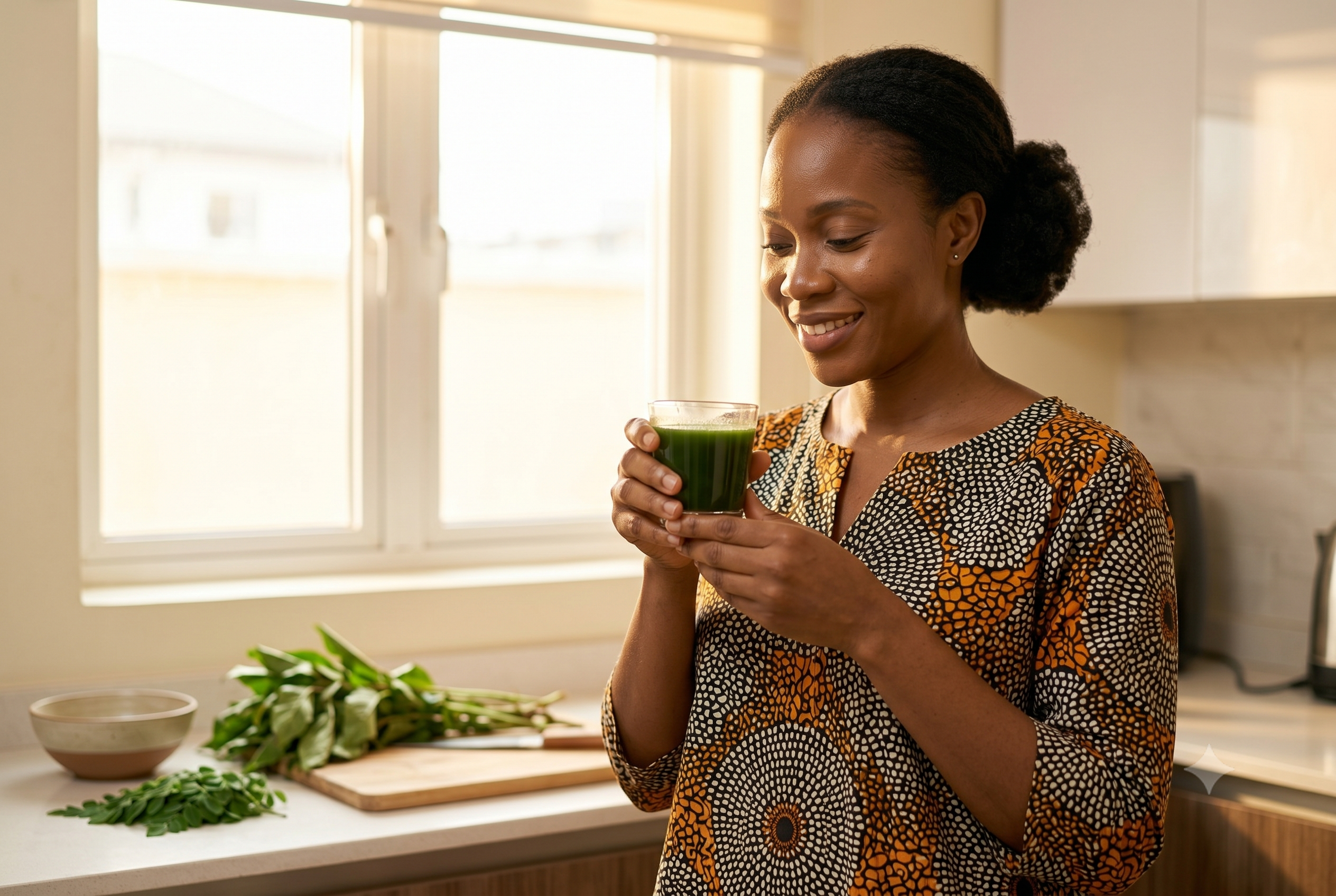 Amaka preparing her daily bitter leaf protocol in her Lagos kitchen